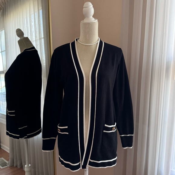 Essentials Milano Black White Trim Cardigan Sweater Size S - Picture 1 of 8